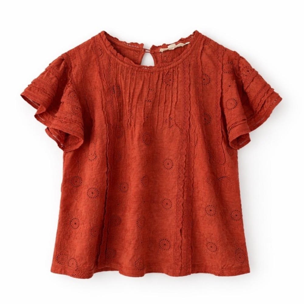 Anthropologie Forever That Girl Rust Eyelet Ruffle Sleeve Blouse XS
